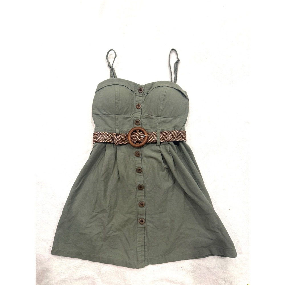 Mind Code Olive Green Cotton Button Front Mini Dress with Belt Size L 5902